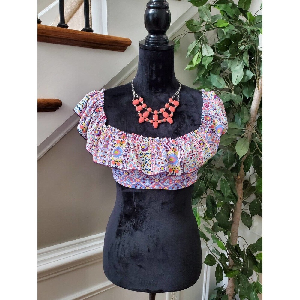 Bleu‎ Rod Beattie Woman's Multicolor Floral Nylon Square Neck Pullover Blouse 6
